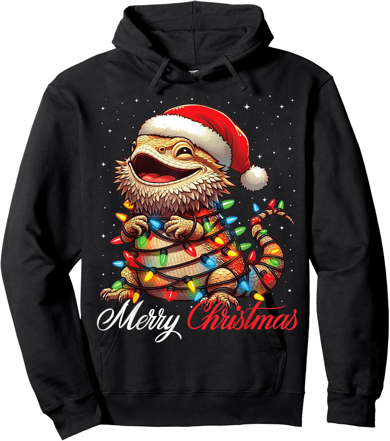 Bearded Dragon Merry Christmas Lights Santa Hat Xmas Snow Hoodie - Hoodie | Black