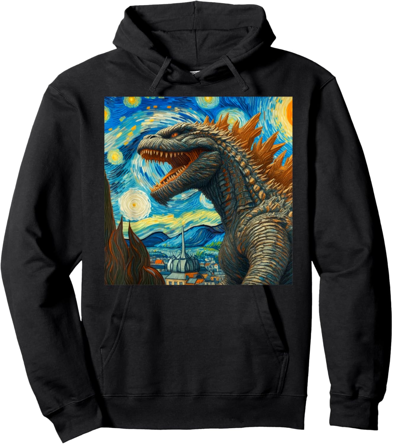 Vintage Japanese Monster Kaiju Van Gogh Starry Night Hoodie - Hoodie | Black