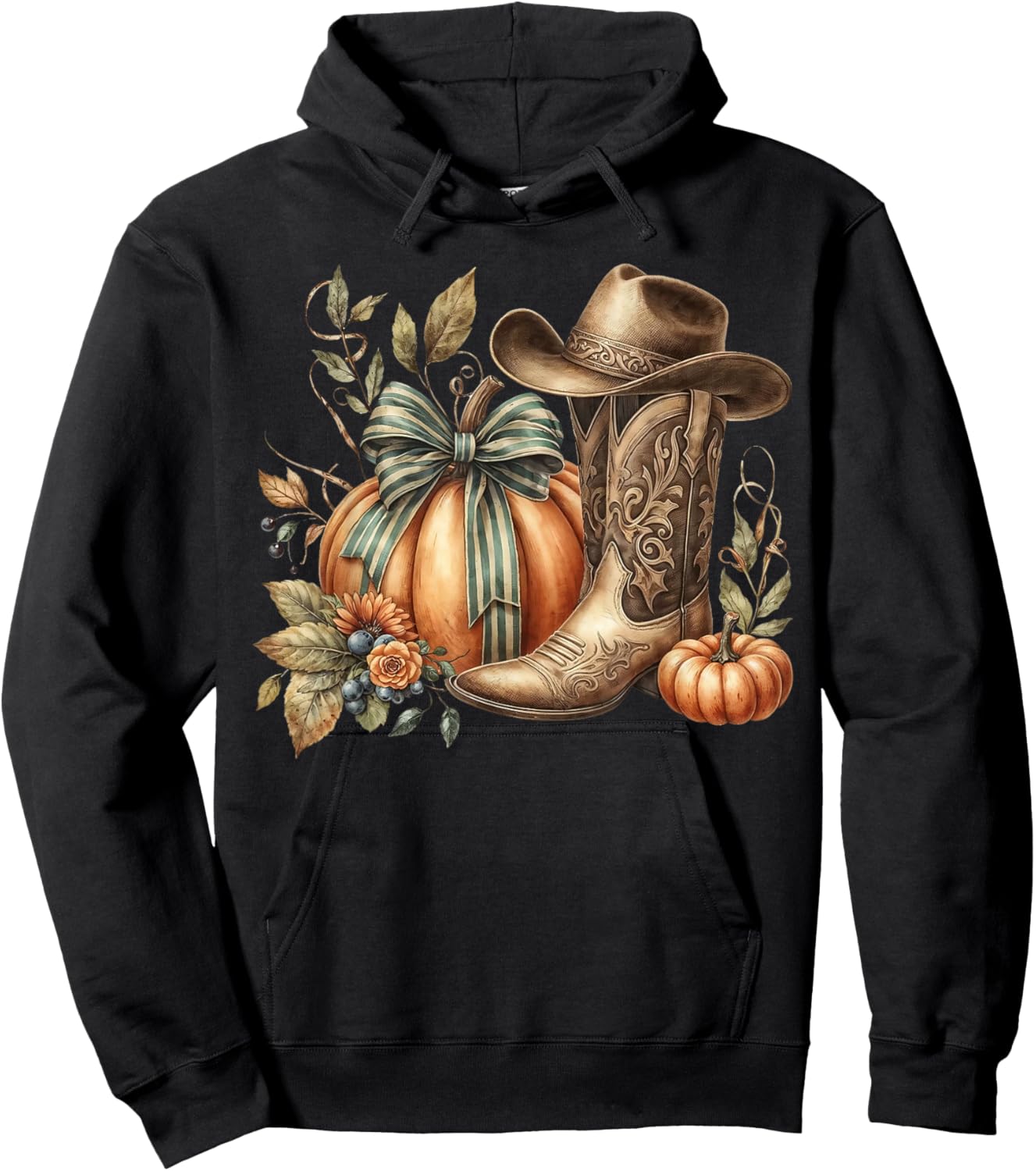 Howdy Pumpkin Fall Coquette Bow Western Boots Hoodie - Hoodie | Black