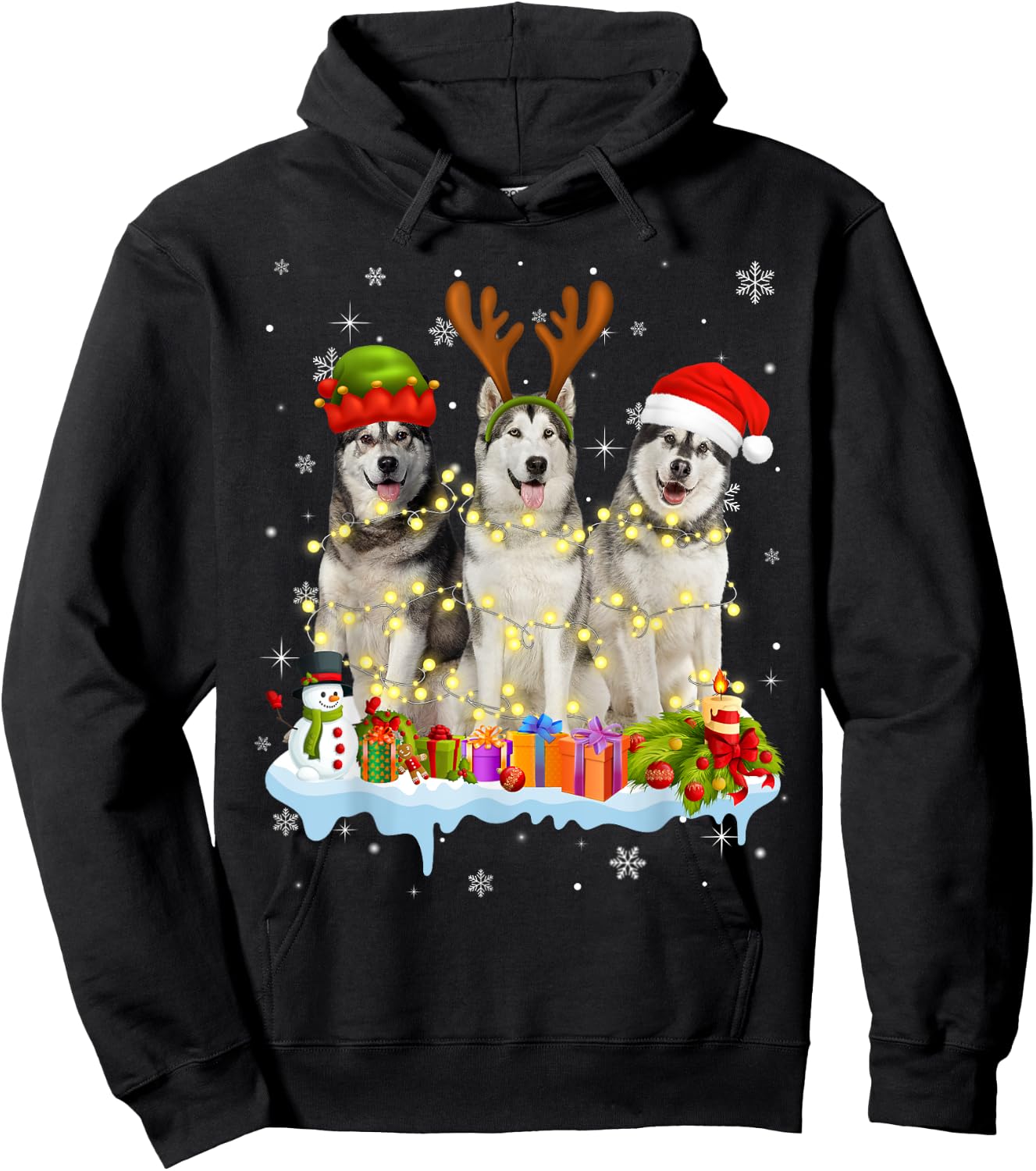 Cute Alaskan Malamute Santa Hat Christmas Light Xmas Hoodie - Hoodie | Black