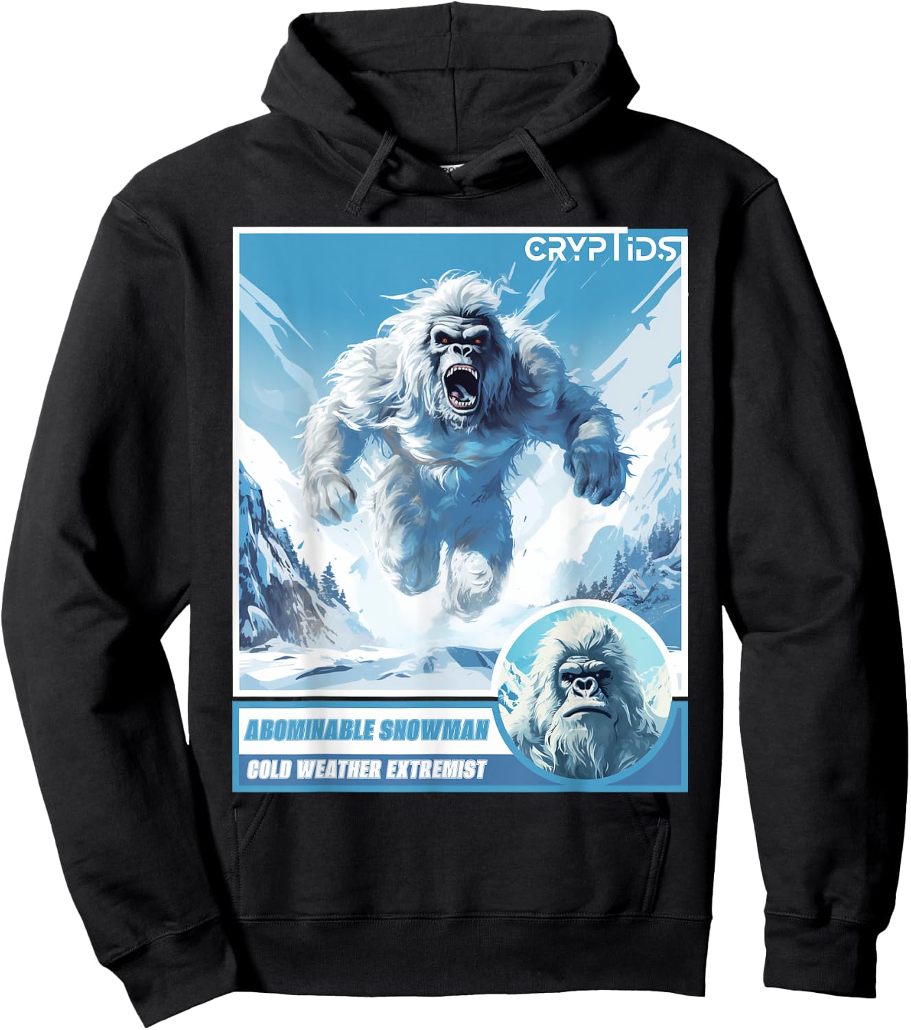 Cryptozoology Cryptid Believer Apparel -Kids, Adults Black Cartoon Abominable Snowman Winter Classic Fit Hoodie - Hoodie | Black
