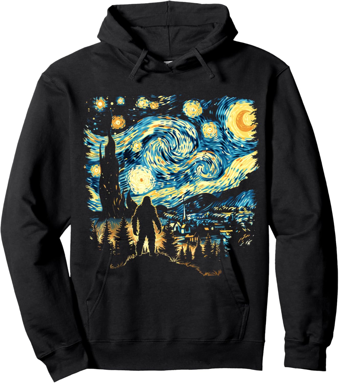 Funny Bigfoot Starry Night Sasquatch Van Gogh Sky Painting Hoodie - Hoodie | Black