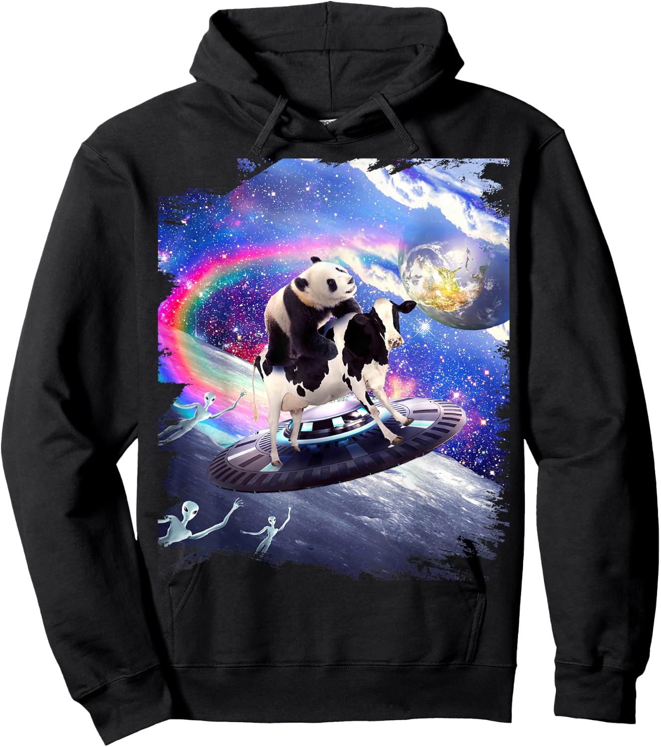 Nice funny Panda Cow - Panda Riding Flying Cow UFO Hoodie - Hoodie | Black