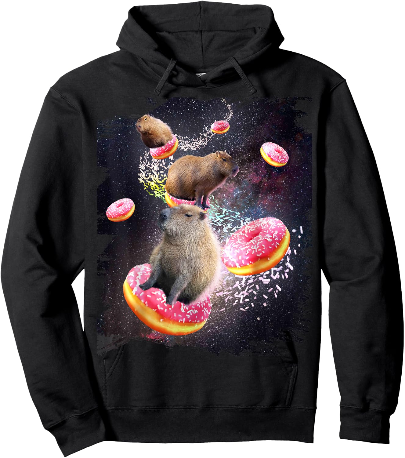 Space Capybara Riding Donut, Galaxy Capybaras Hoodie - Hoodie | Black