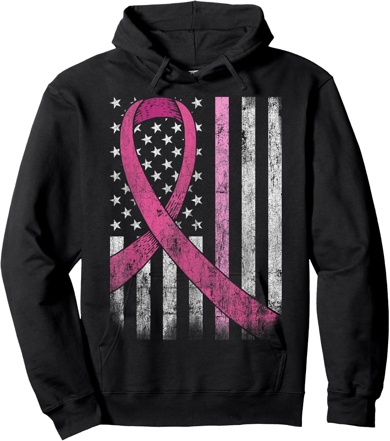 Breast Cancer Awareness American Flag Pink Ribbon Hoodie - Hoodie | Black