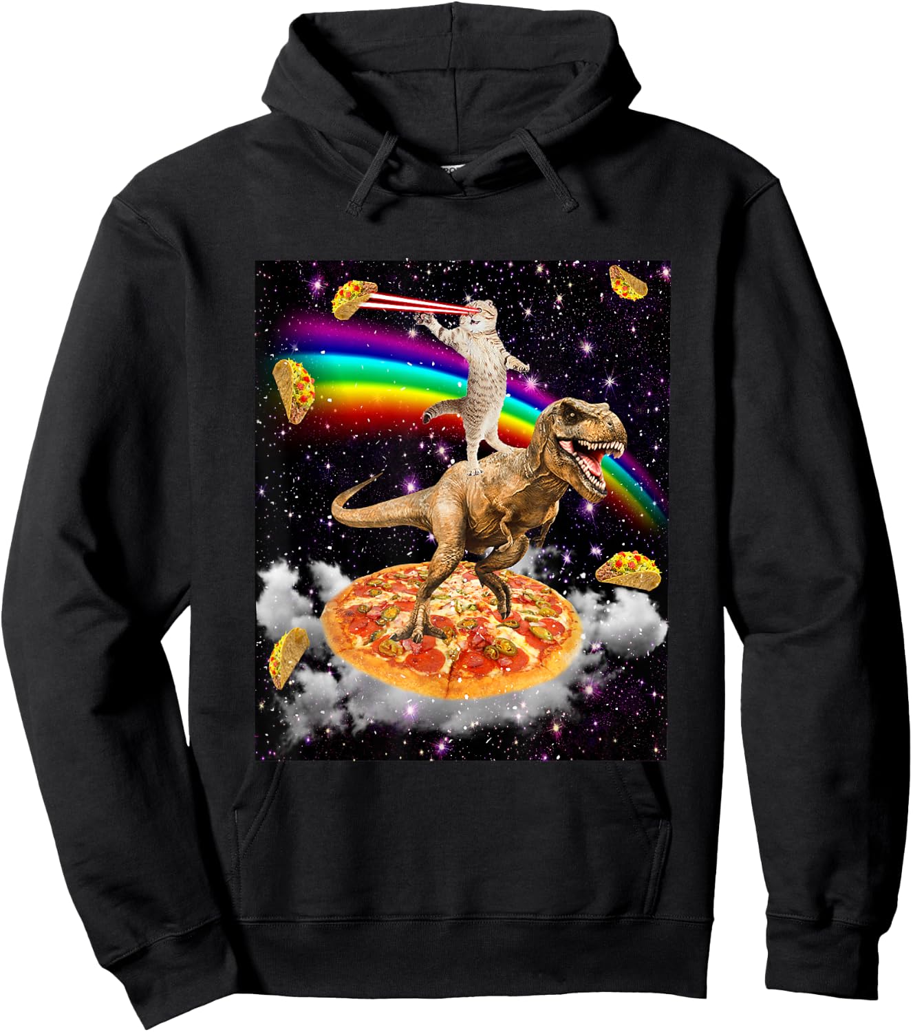 Galaxy Laser Cat on Dinosaur on Pizza with Tacos & Rainbow Hoodie - Hoodie | Black