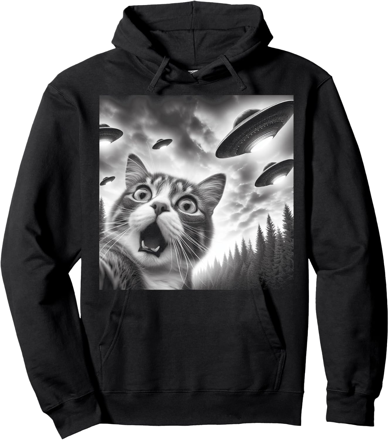 Funny Cat Selfie with UFOs Men Women Kids Hoodie - Hoodie | Black