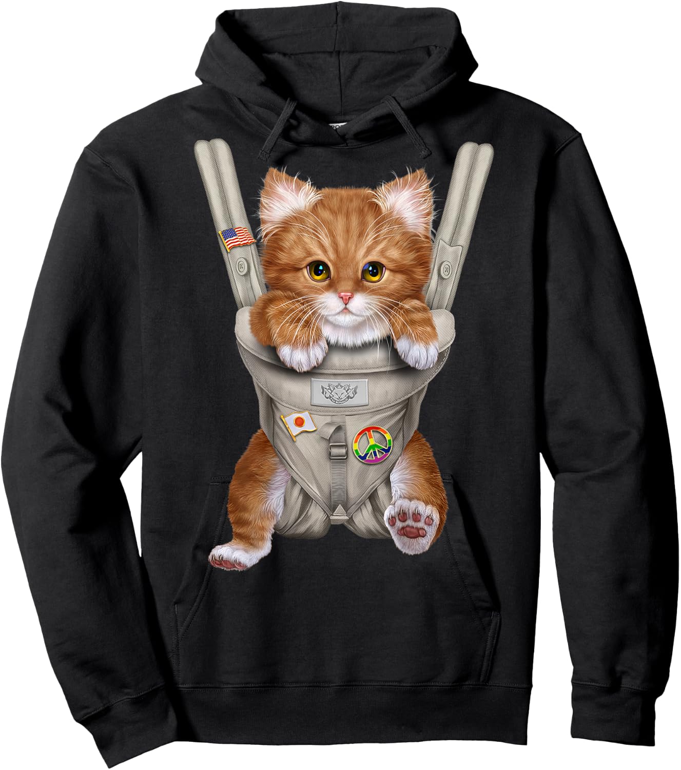 Orange Tabby Cat in Baby Carrier Hoodie - Hoodie | Black