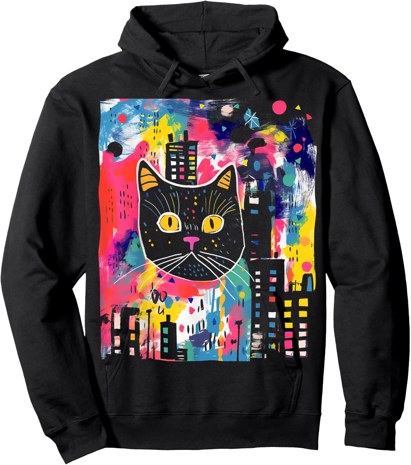 Cat Colorful Abstract Funny Animal Art Graphic Cat Women Kids Hoodie - Hoodie | Black