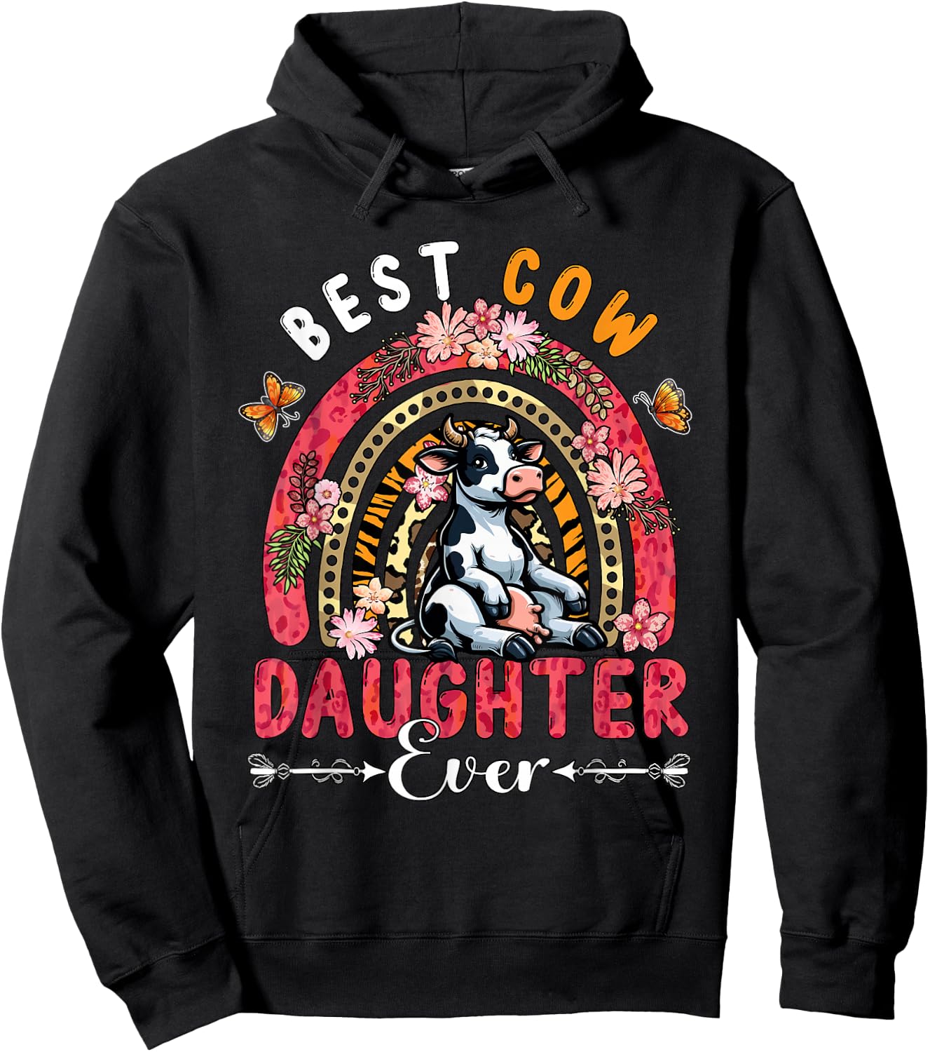 Best Cow Daughter Ever Mother's Day Flowers Rainbow Farm Hoodie - Hoodie | Black
