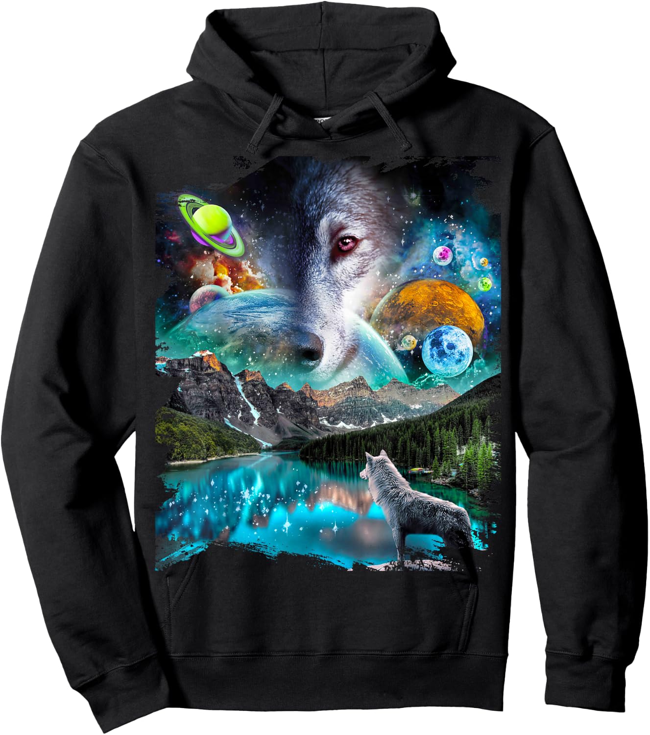 Celestial Cosmic Wolf, Space Planets Wolves Hoodie - Hoodie | Black