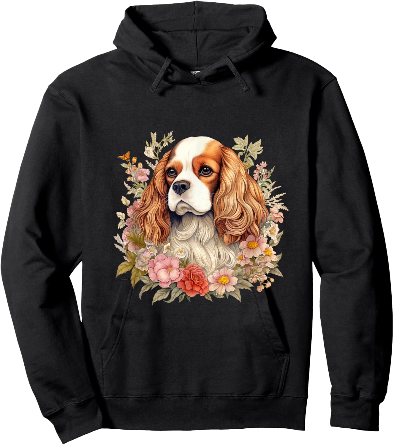 Cavalier King Charles Spaniel Dog with Flowers Floral Hoodie - Hoodie | Black