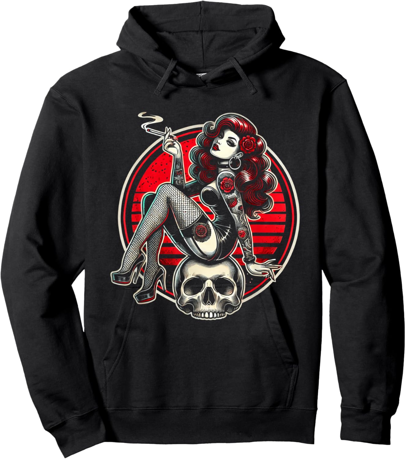 Tattoo Goth Pin-up Girl with Skull Vintage Horror Rockabilly Hoodie - Hoodie | Black
