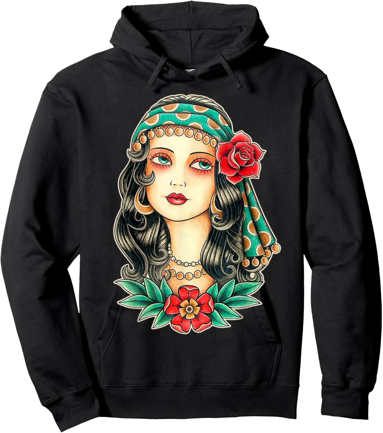 Pretty Girl Gypsy Fortune Teller Traditional Tattoo Flash Hoodie - Hoodie | Black
