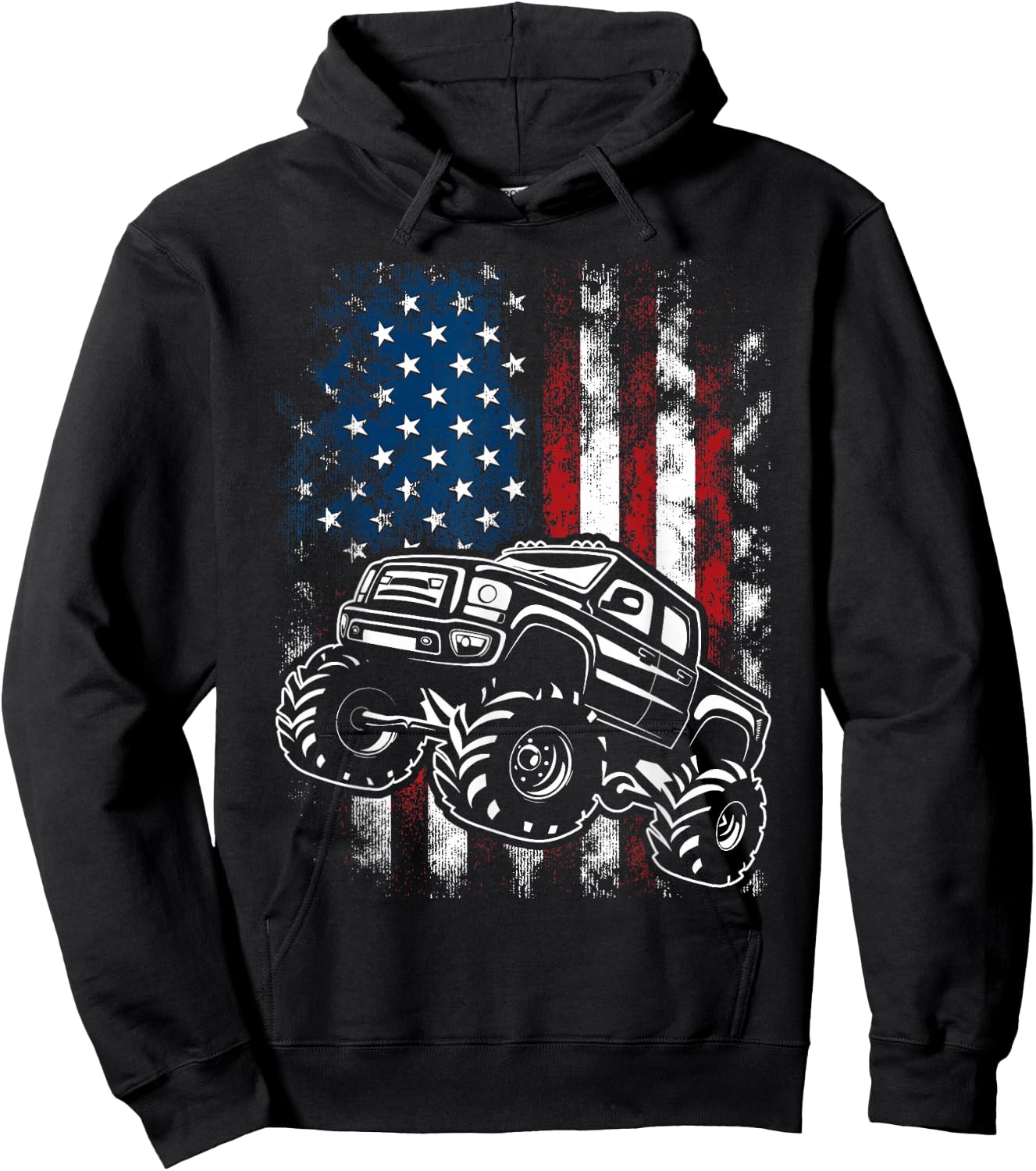 Monster Truck USA Flag 4th Of July Patriotic Kids Boys Men Hoodie - Hoodie | Black