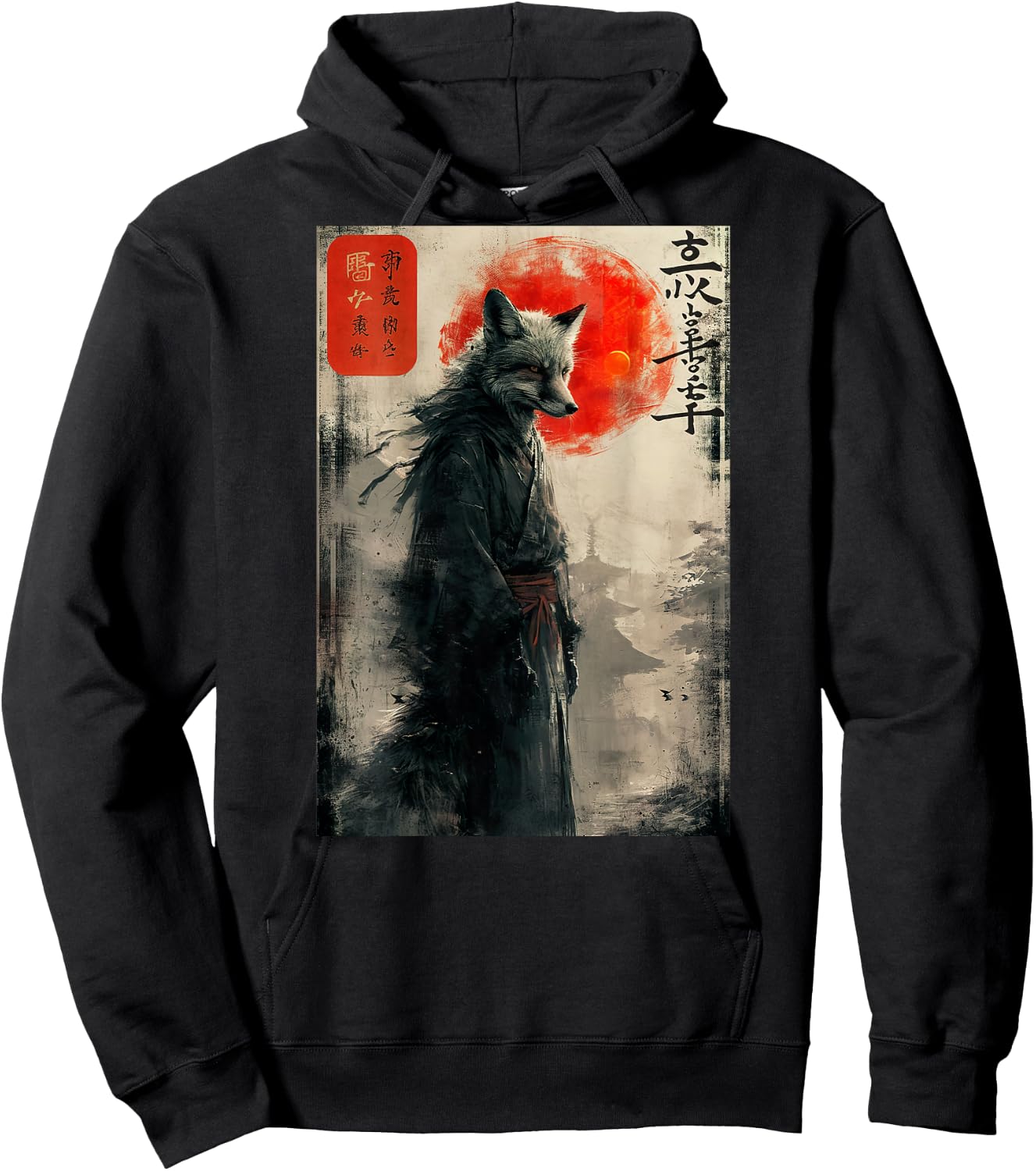 Japanese Woodblock Art of a Samurai Fox with Japanese (Back) Hoodie - Hoodie | Black