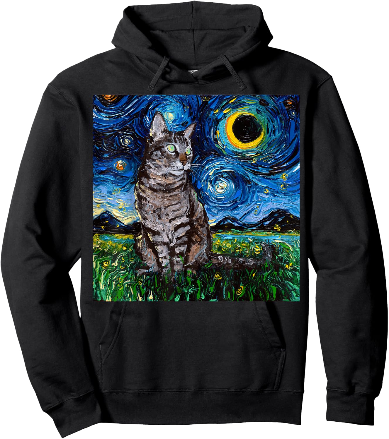 Gray Tabby Starry Night Art – Gift Cat Lovers Hoodie - Hoodie | Black