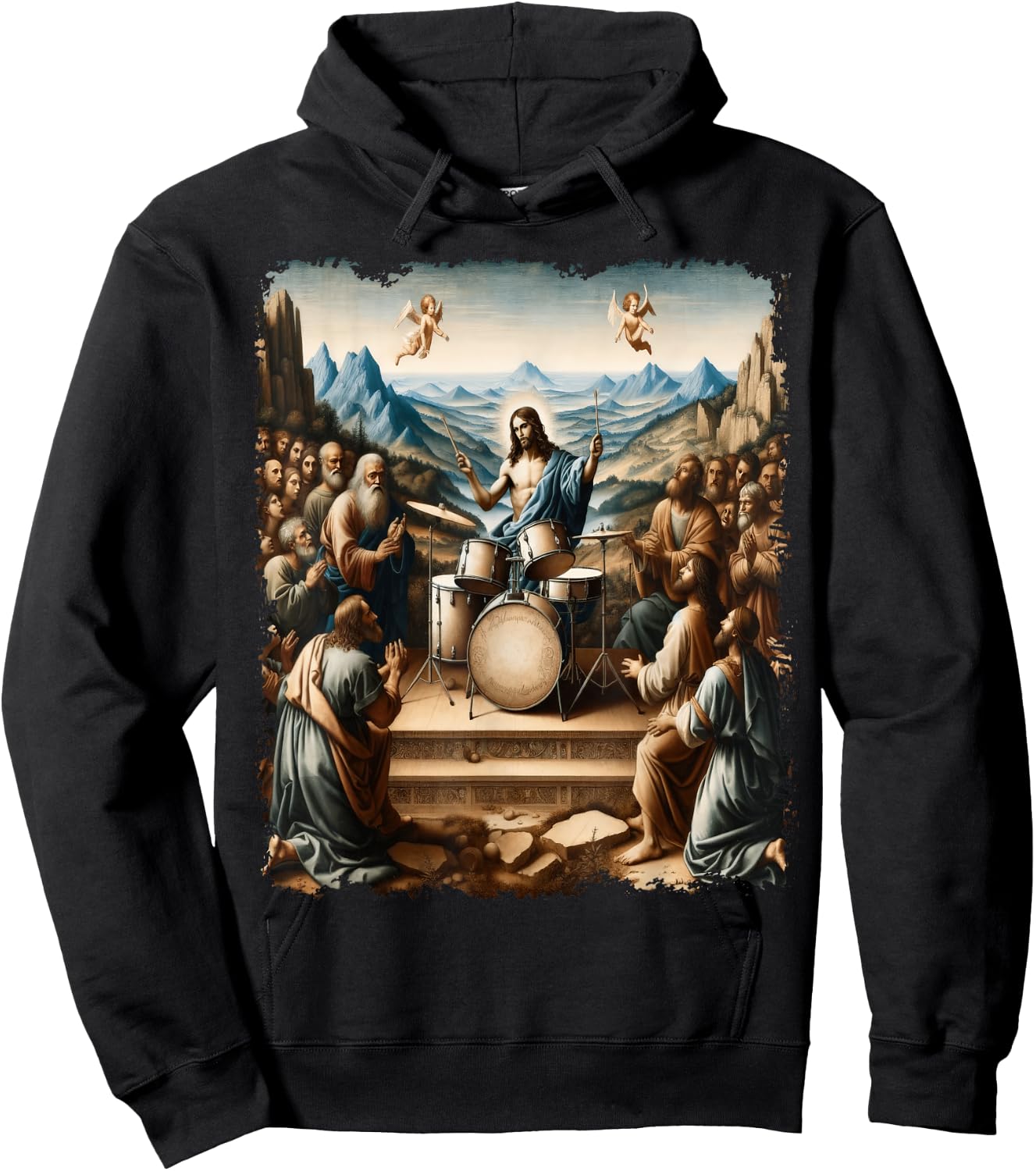 Jesus Playing Drums, Funny Christian Drummer Painting Hoodie - Hoodie | Black