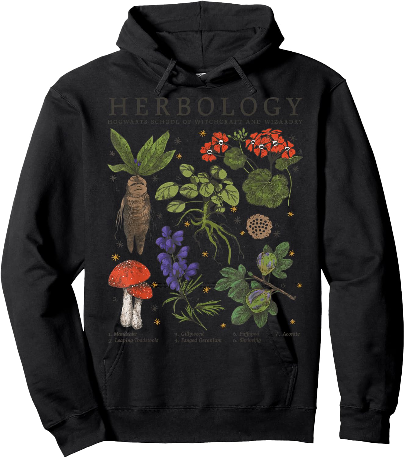 Harry Potter Grey Retro : Classic Fit, Herbology Plants, Adult, Short Sleeve, Cotton & Polyester Hoodie - Hoodie | Black