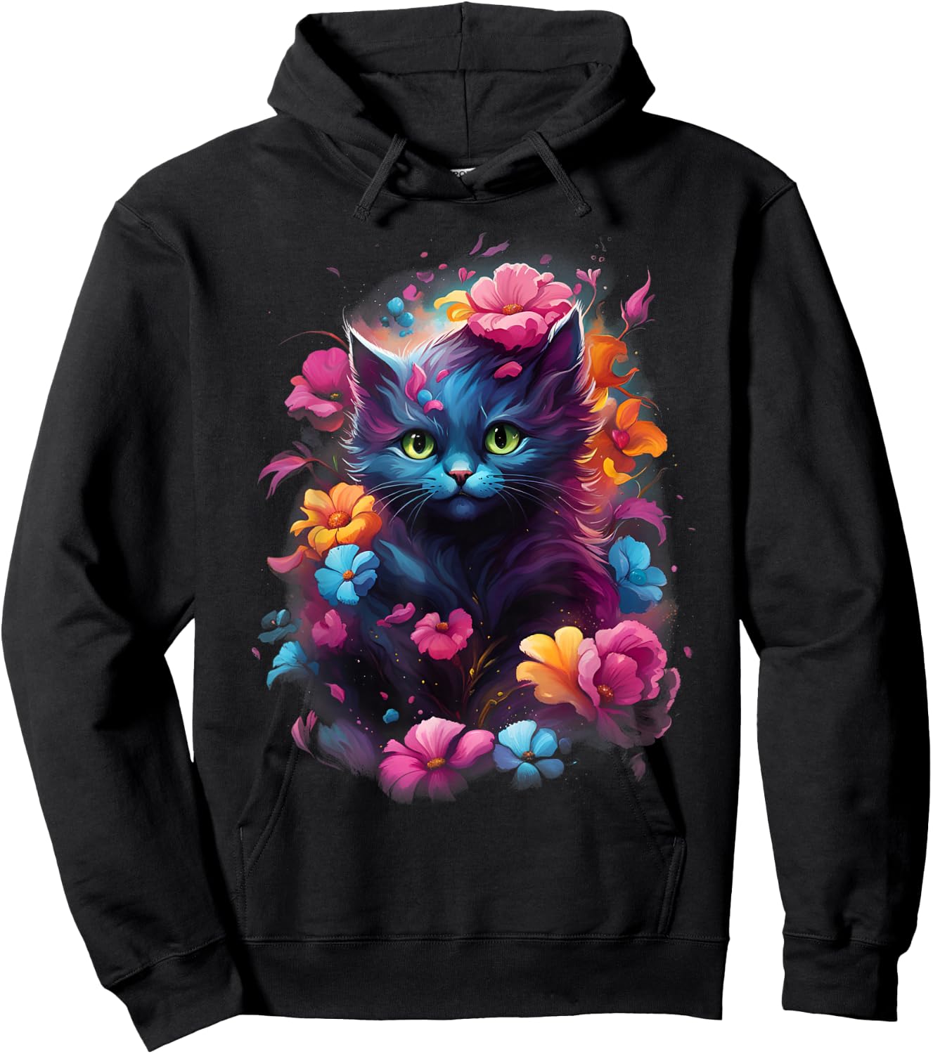 MyAnimal - Cute Cat in Colourful Flowers Hoodie - Hoodie | Black