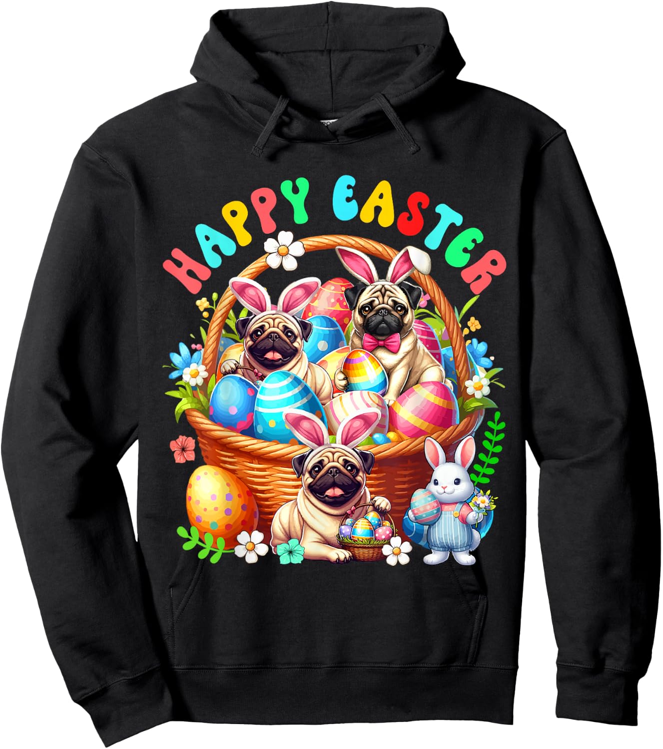 Three Easter Bunny Pugs In Eggs Basket Flowers Lover Hoodie - Hoodie | Black