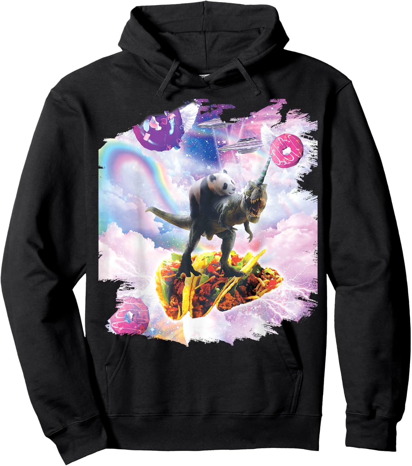 Space Panda Riding Dinosaur Unicorn - Taco & Donut Hoodie - Hoodie | Black