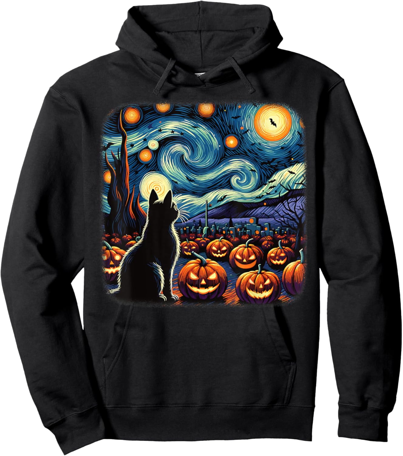Halloween Black Cat Van Gogh Starry Night Pumpkins Bats Men Women Girls Kids Hoodie - Hoodie | Black