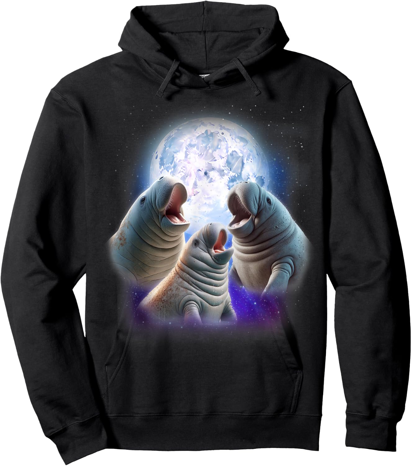 3 Manatees Howling At The Moon Funny Manatee Chubby Mermaid Hoodie - Hoodie | Black