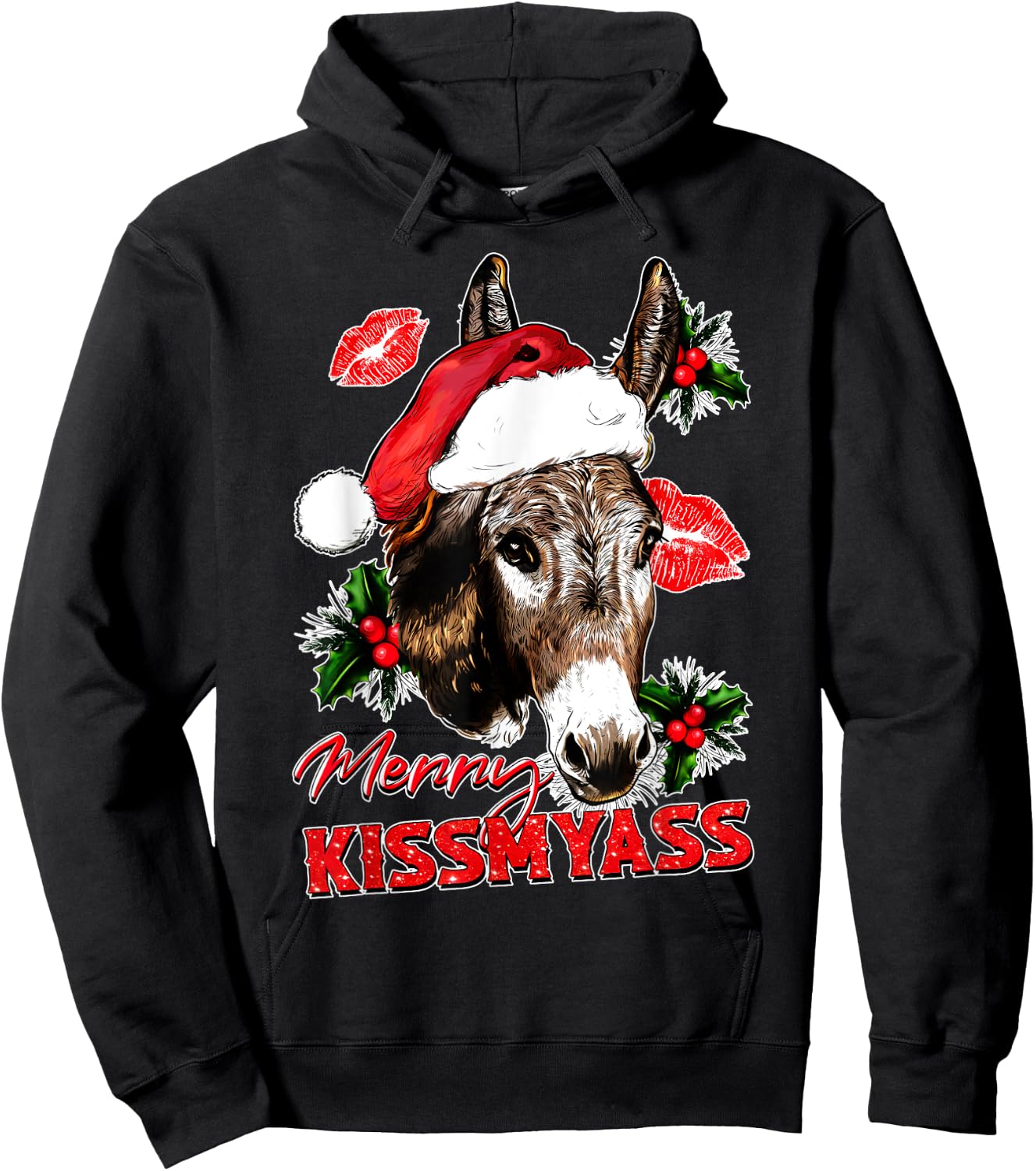Merry Kissmyass Funny Donkey Lovers Sarcastic Christmas Hoodie - Hoodie | Black