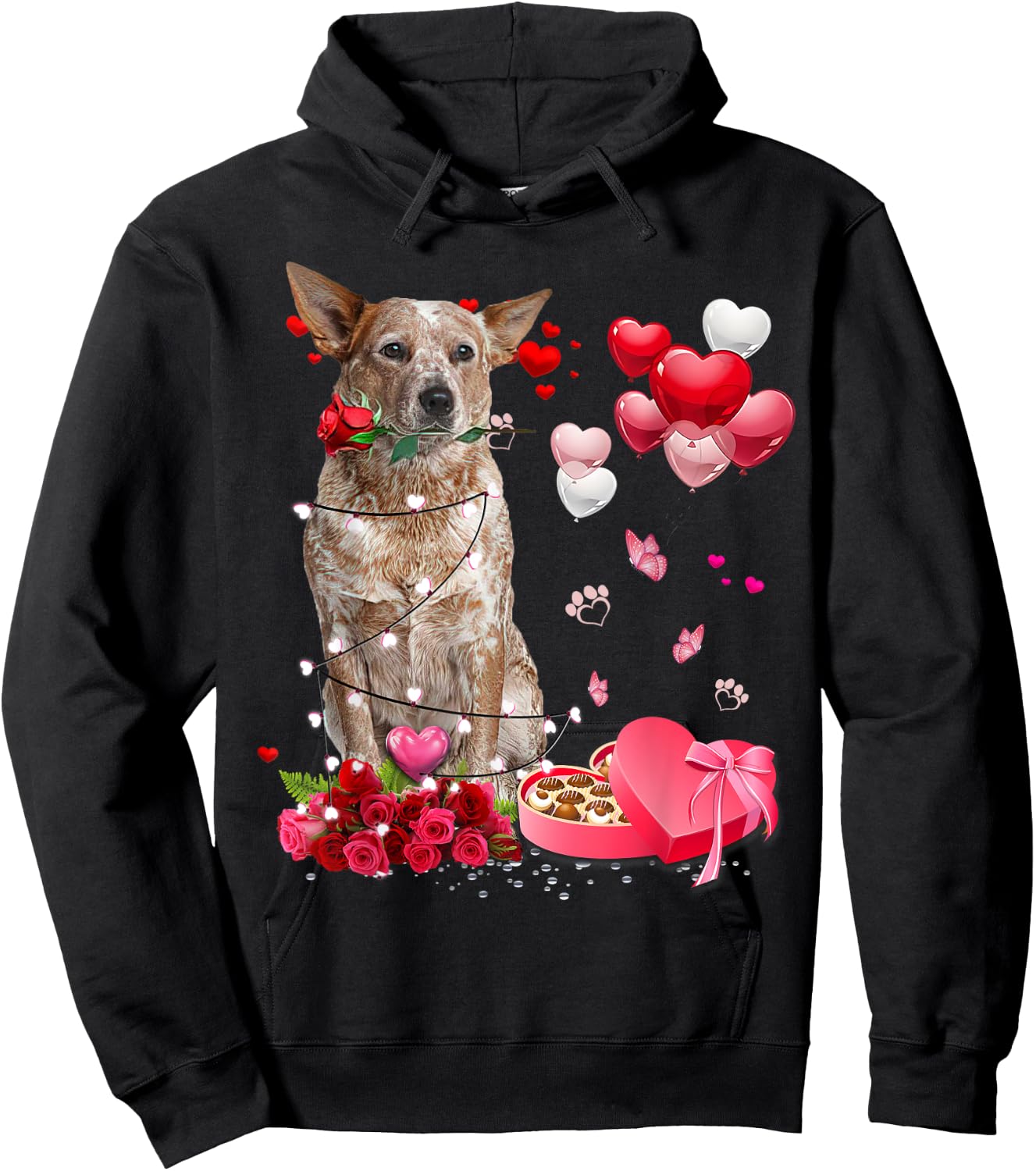 Funny Red Heeler Rose Heart Happy Valentine Day Dog Mom Hoodie - Hoodie | Black