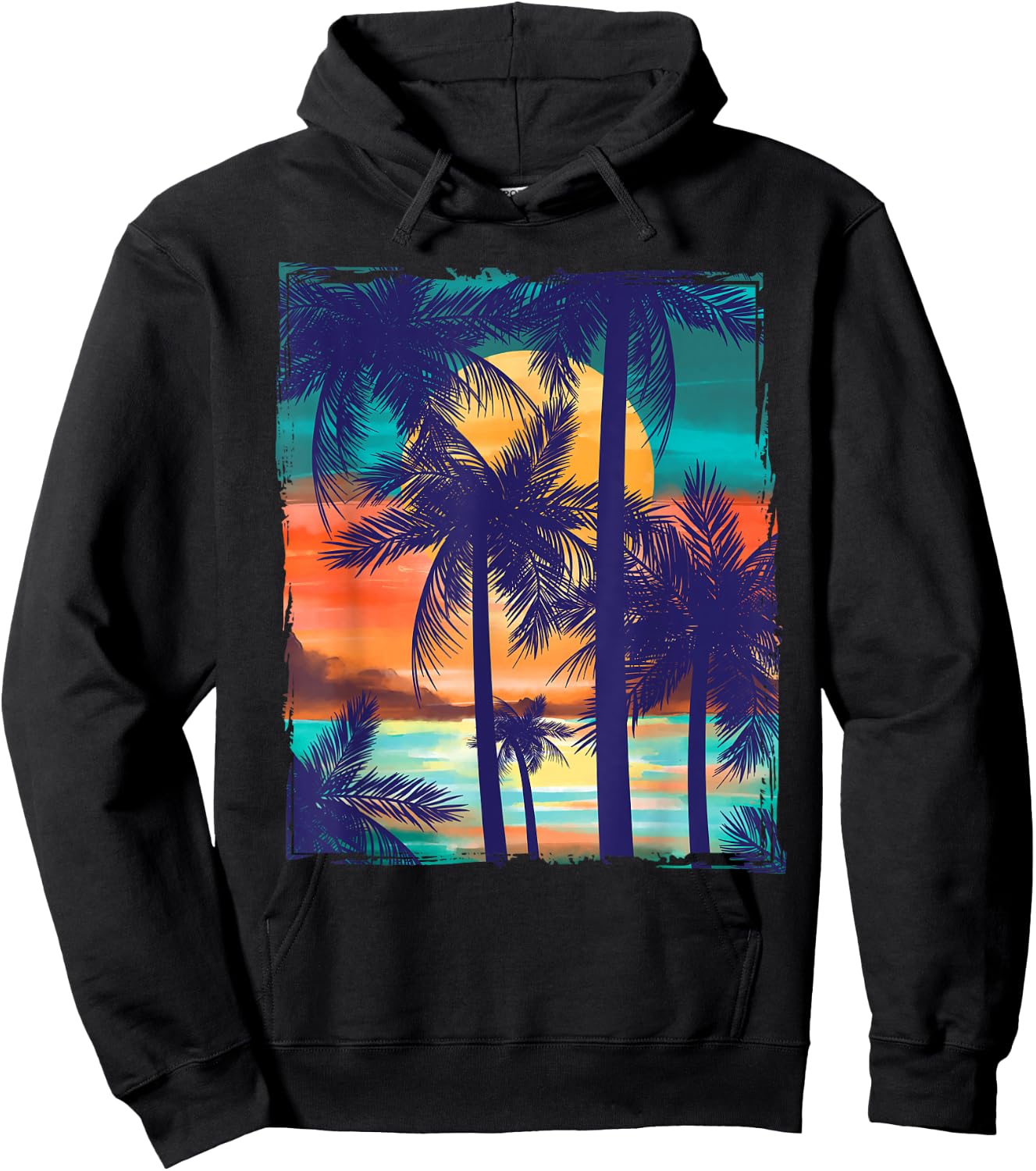 Orange and Aqua Sunset with Silhouetted Palm Trees Hoodie - Hoodie | Black
