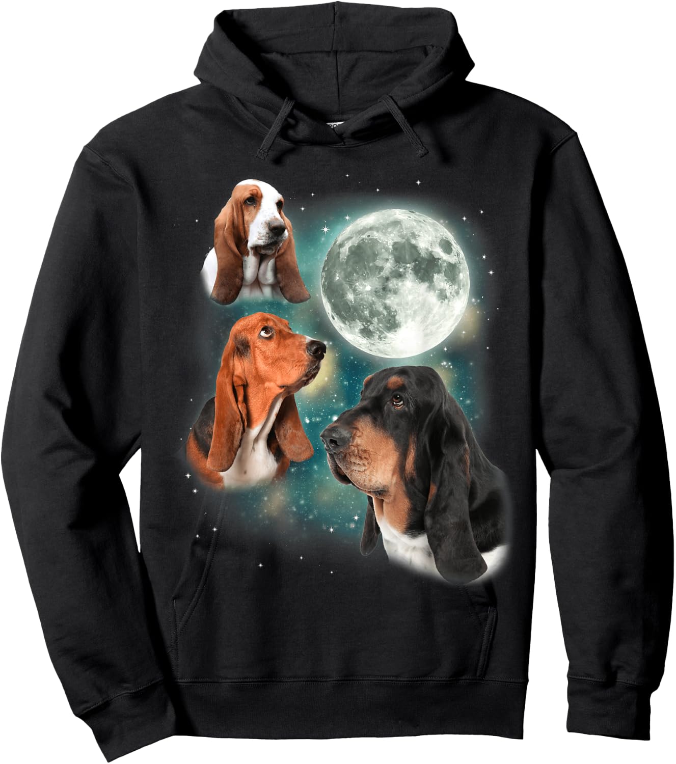 Basset Hound Moon | 3 Funny Canines Howl At Moon Cute Dog Hoodie - Hoodie | Black