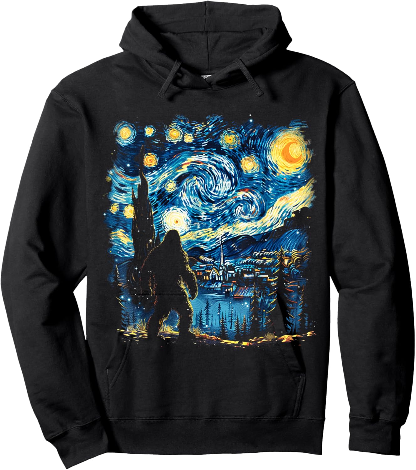 Funny Bigfoot Starry Night Sasquatch Van Gogh Sky Painting Hoodie - Hoodie | Black