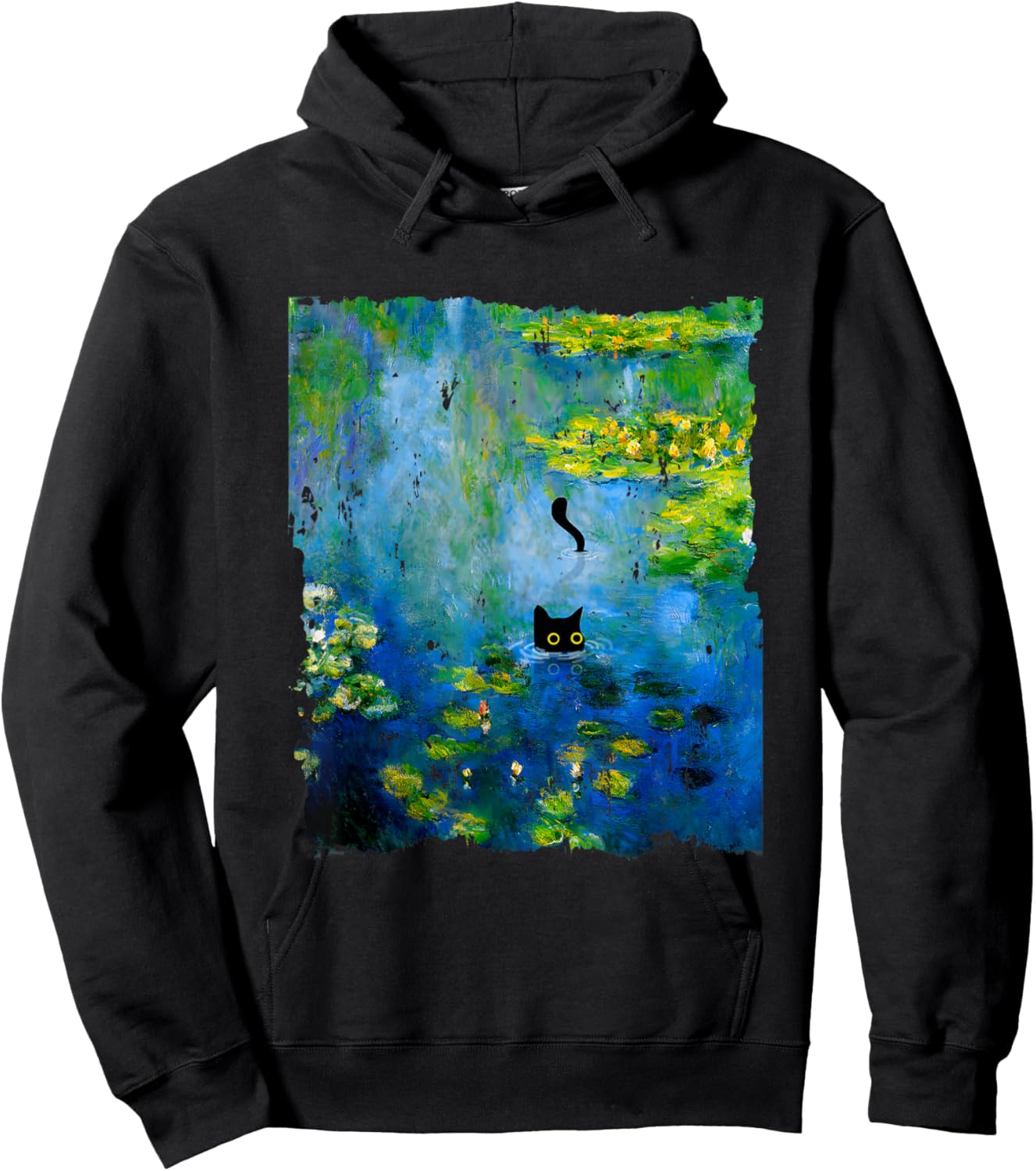 Black Cat Monets Waterlily Painting Art Cat Lover Hoodie - Hoodie | Black