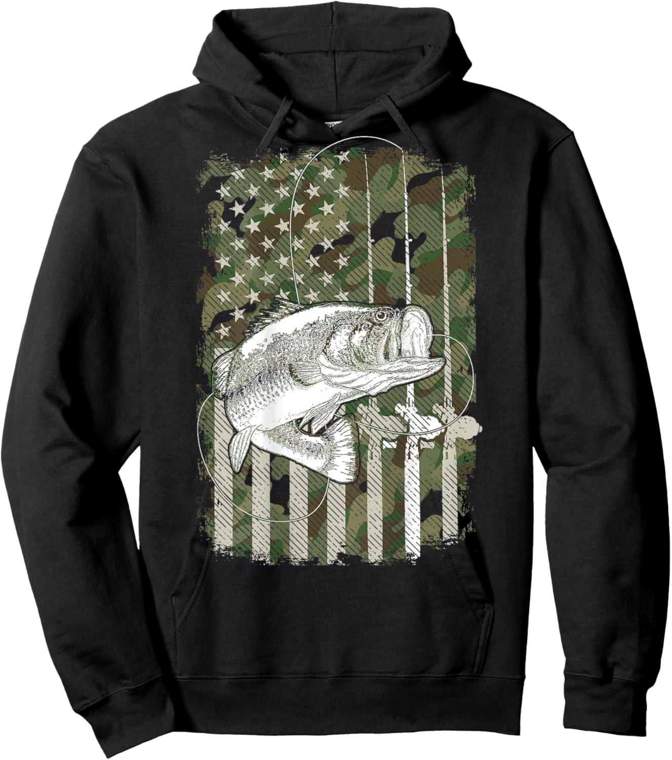 American Flag Camo Bass Fish Fishing (On Back) For Fisherman Hoodie - Hoodie | Black