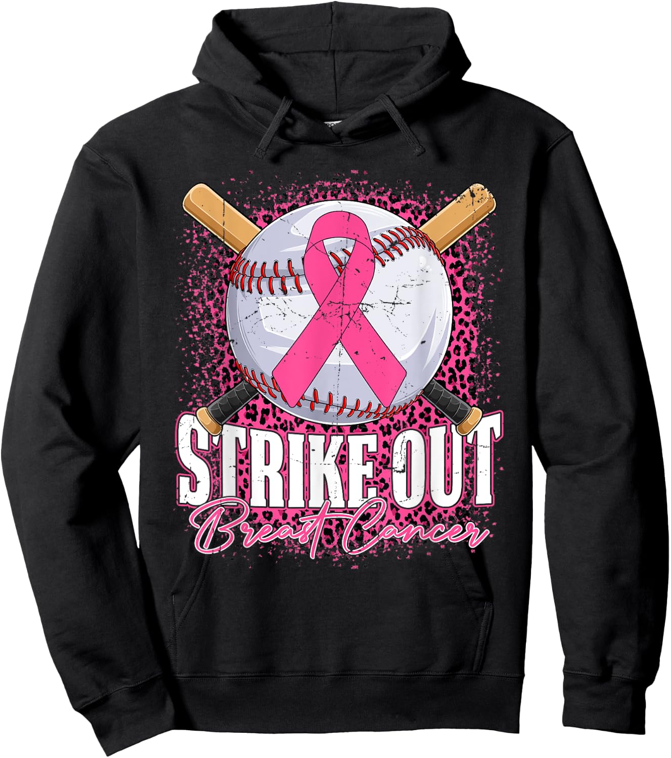 Strike Out Breast Cancer Baseball Ball & Pink Ribbon Women Hoodie - Hoodie | Black