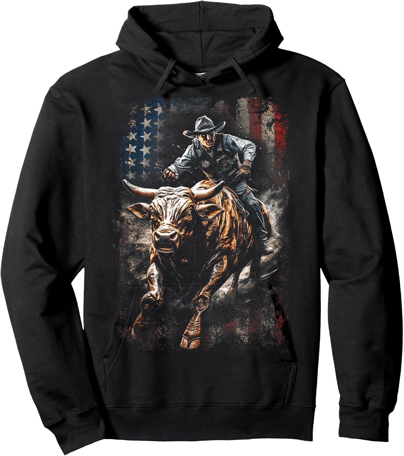 Vintage American Flag Bucking Bull Riding Patriotism Rodeo Kids Men Hoodie - Hoodie | Black