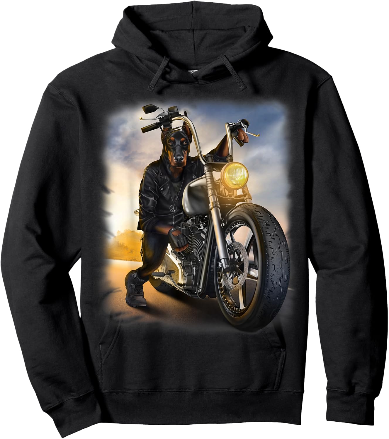 Doberman Dog Biker Riding Motorcycle at Sunset Hoodie - Hoodie | Black