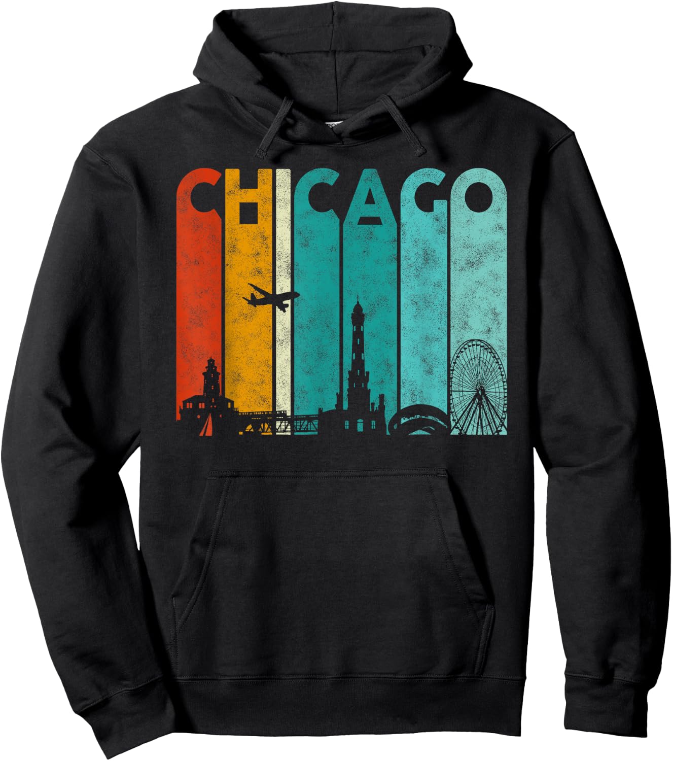 Vintage Retro Style Chicago city Skyline Airplane Chicago Hoodie - Hoodie | Black