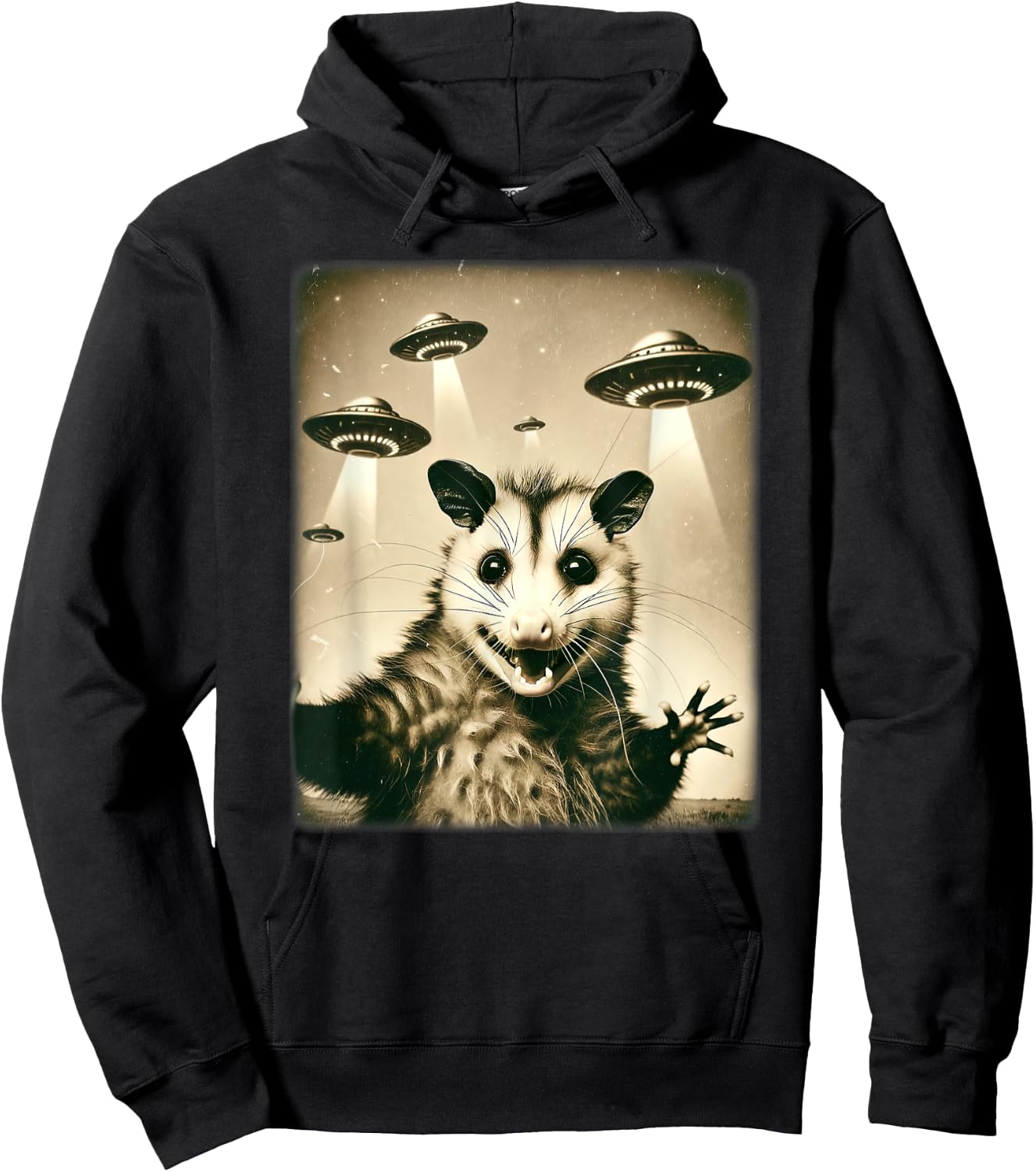 Funny Opossum Selfie With UFO Alien Humor Hilarious Possum Hoodie - Hoodie | Black