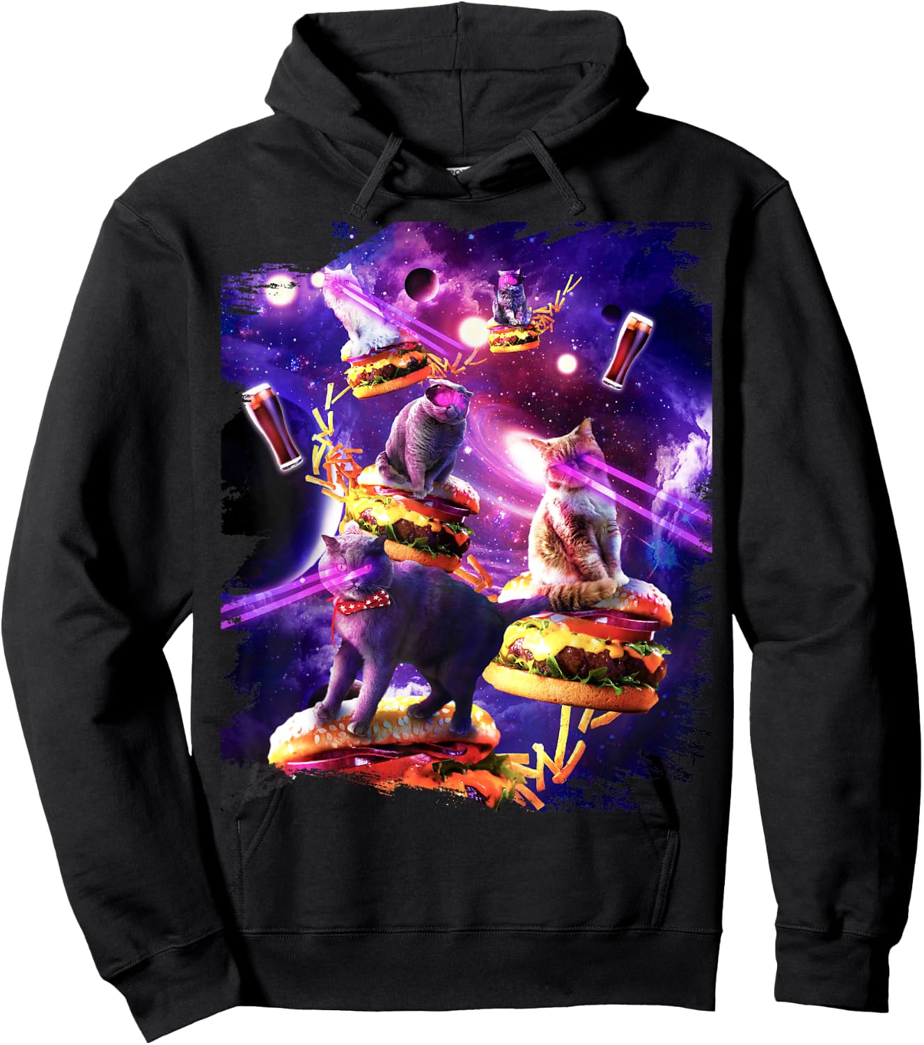 Galaxy Laser Cat On Burger - Space Cheeseburger Cats Hoodie - Hoodie | Black