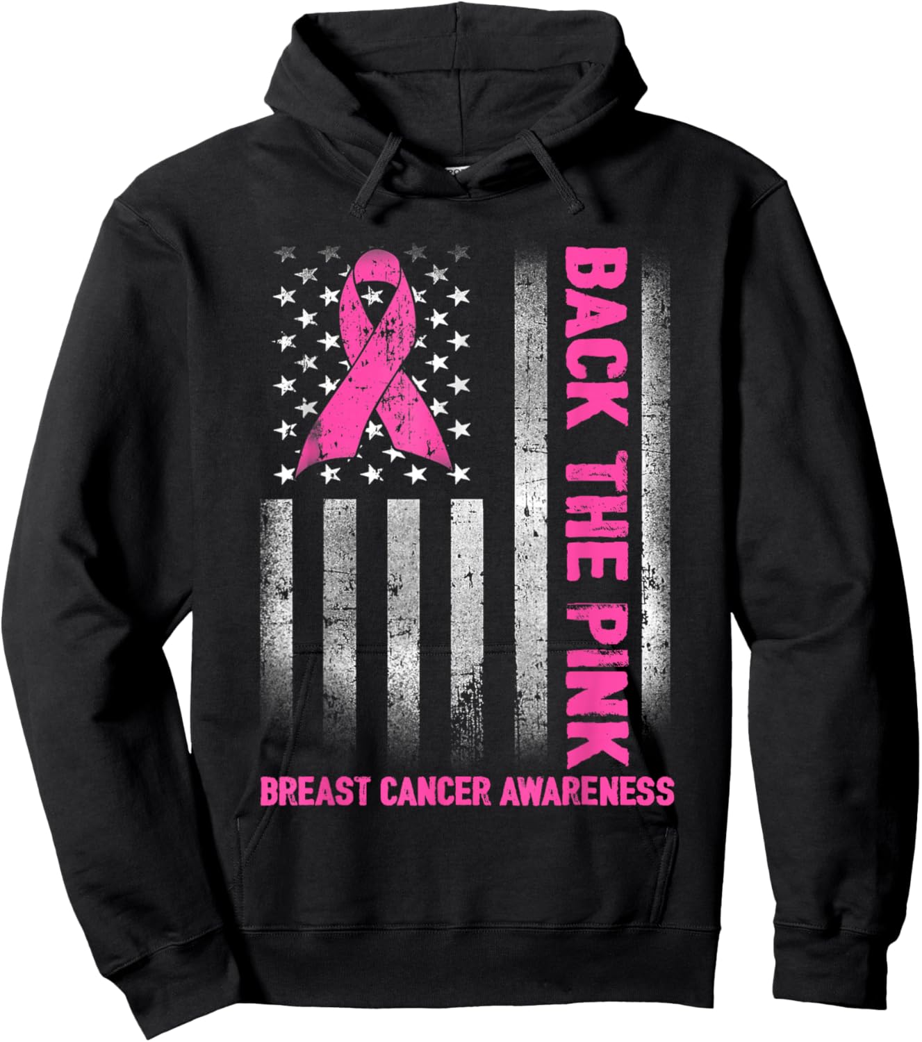 Back The Pink Ribbon American Flag Breast Cancer Awareness Hoodie - Hoodie | Black