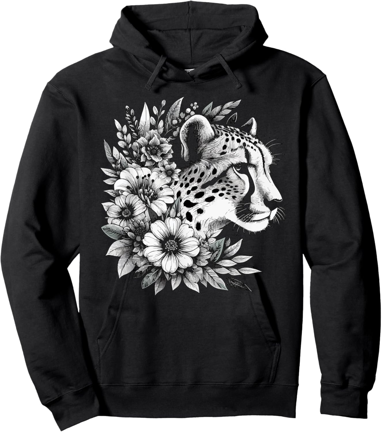 Cheetah Face Animal Print Big Cat Wildlife Flowers Design Women Kids Hoodie - Hoodie | Black