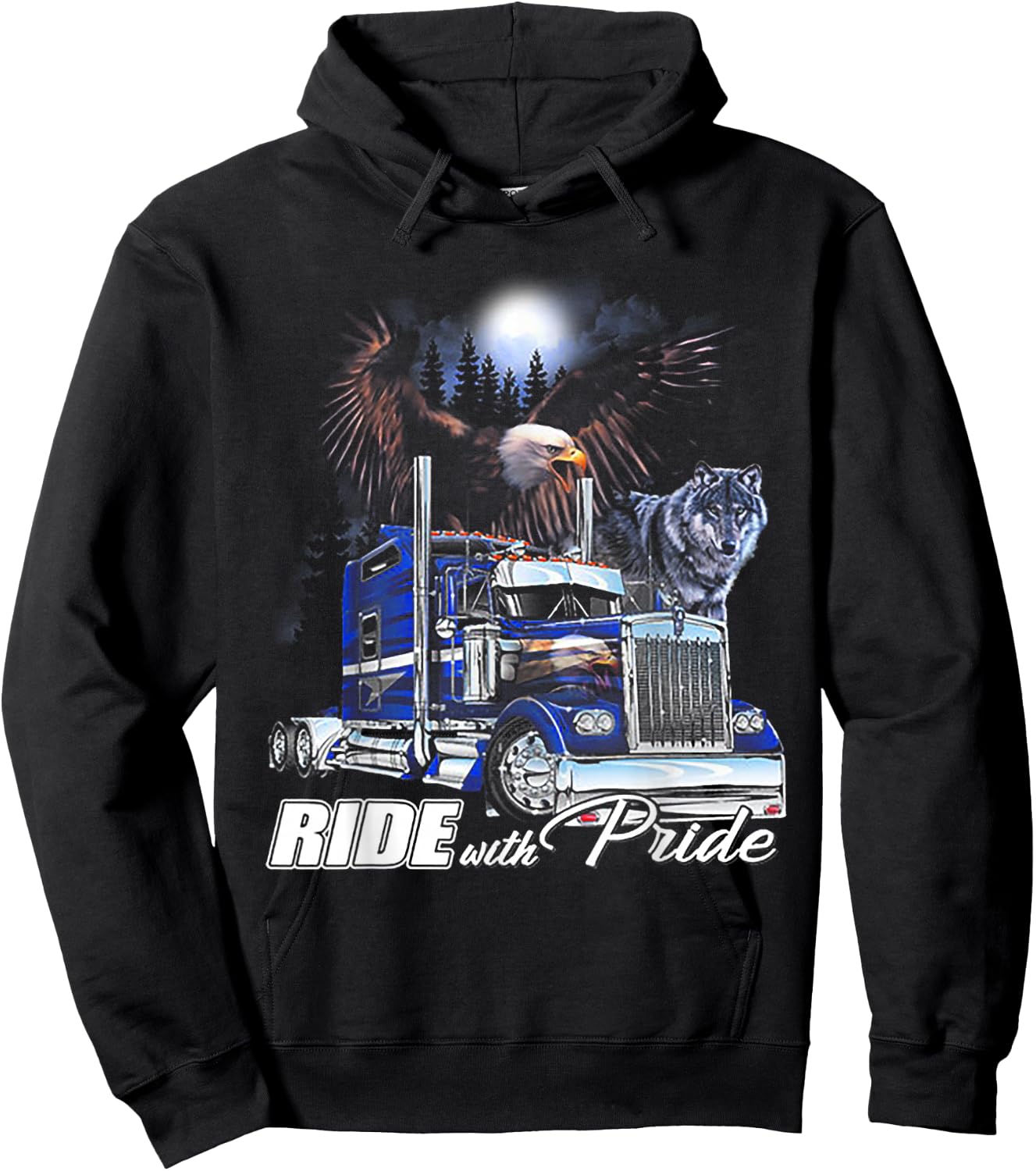 Ride With Pride Trucker Eagle Wolf Hoodie - Hoodie | Black