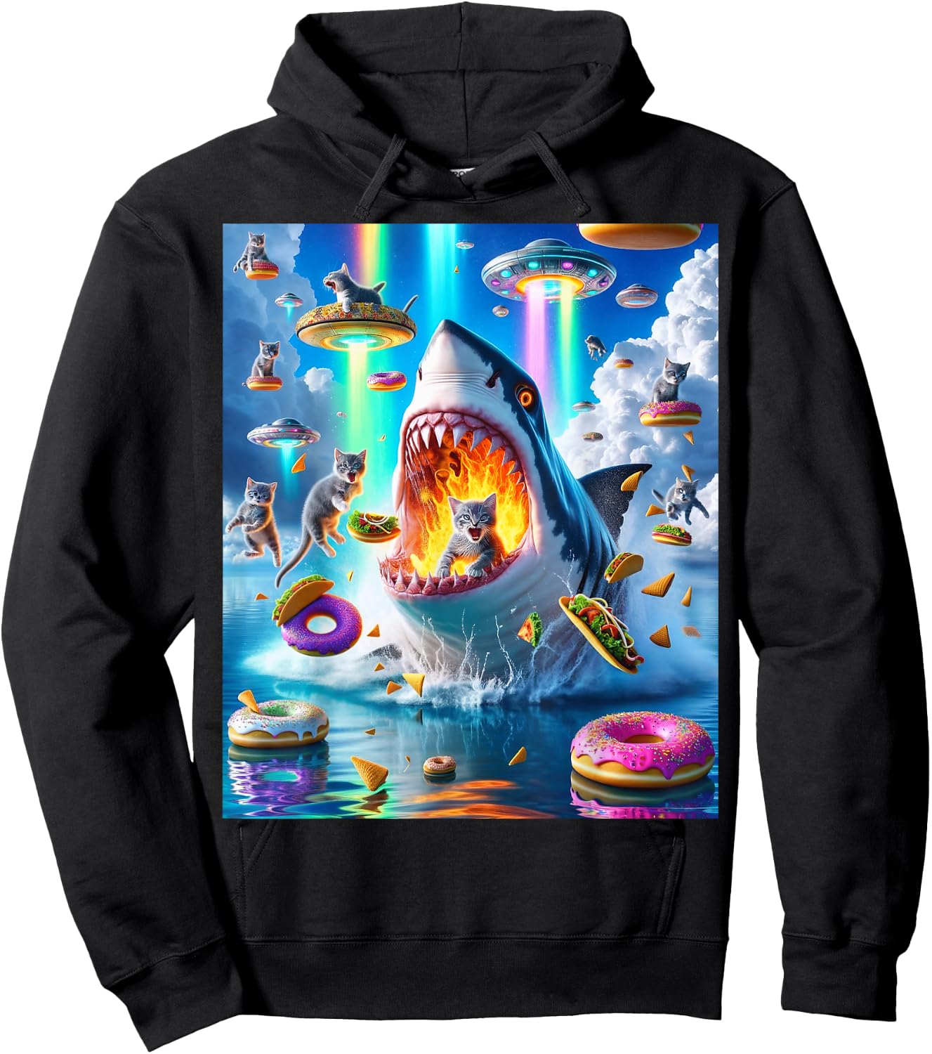 Cat Kitty Riding Fire Breathing Shark Rainbow Laser Taco Women Hoodie - Hoodie | Black