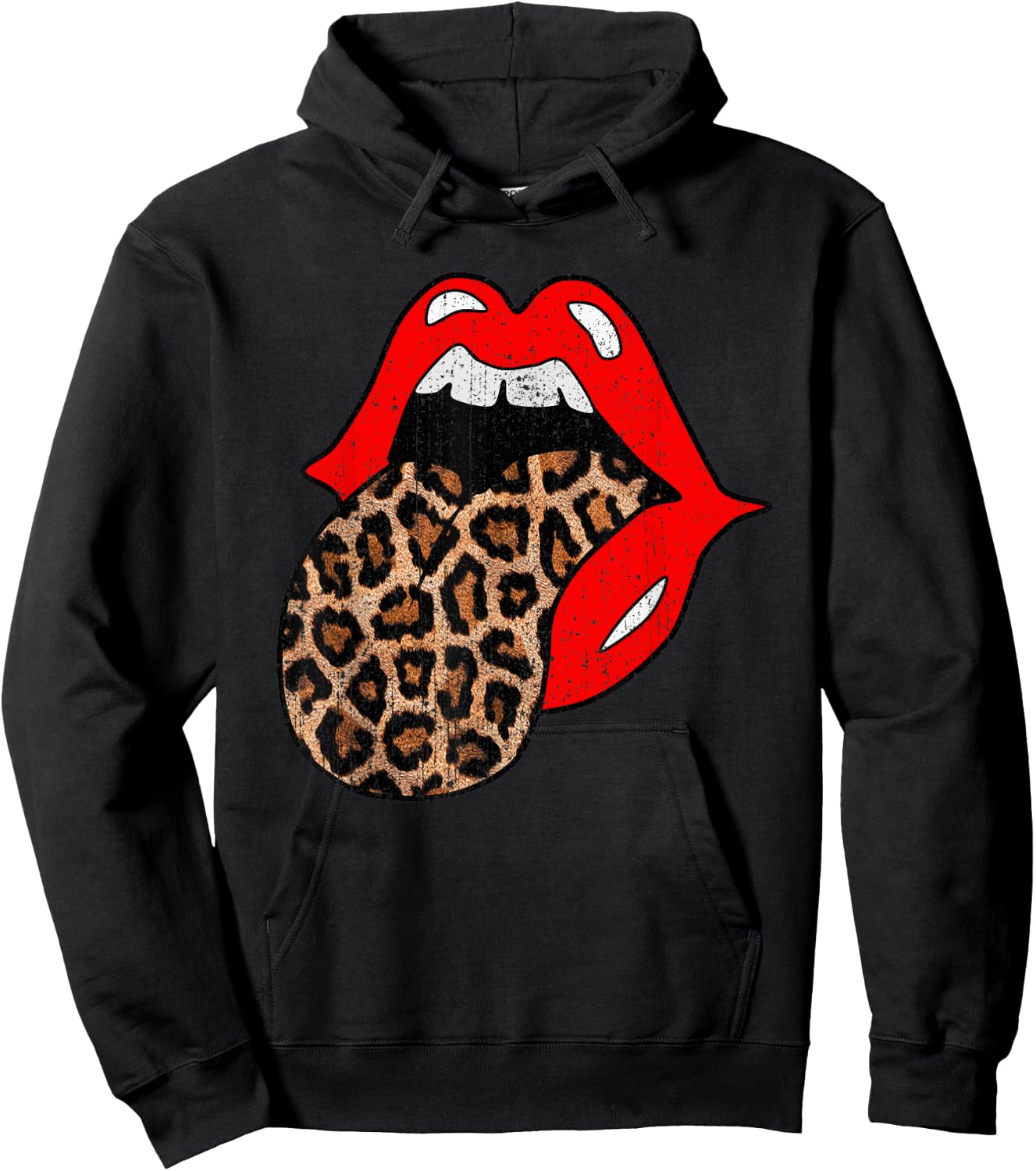 Red Lips Leopard Tongue Shirt Vintage Trendy Animal Print Hoodie - Hoodie | Black