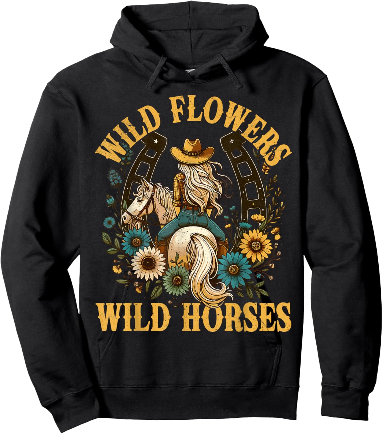 Retro Southern Sunset Cowgirl Wild Flowers - Wild Horses Hoodie - Hoodie | Black