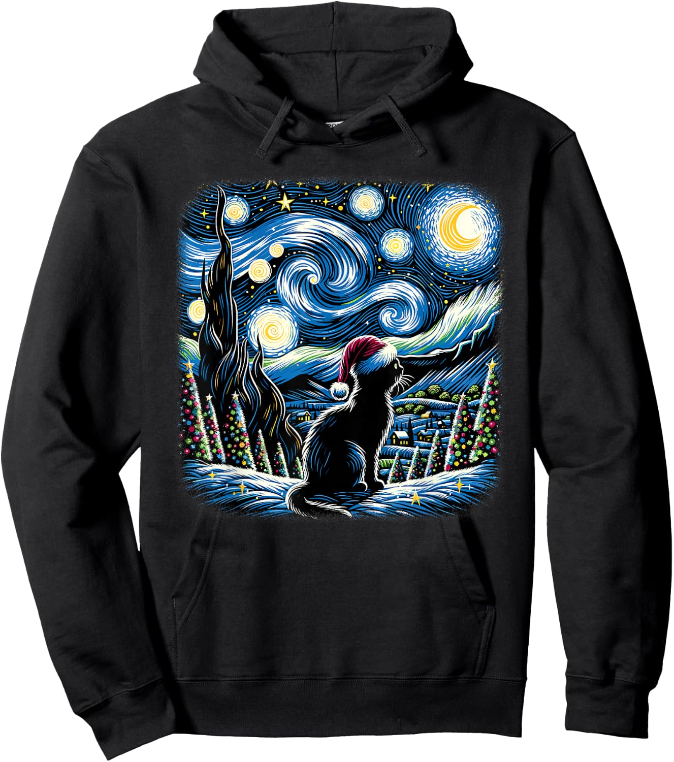 Van Gogh Starry Night Festive Christmas Black Cat Santa Hat Hoodie - Hoodie | Black