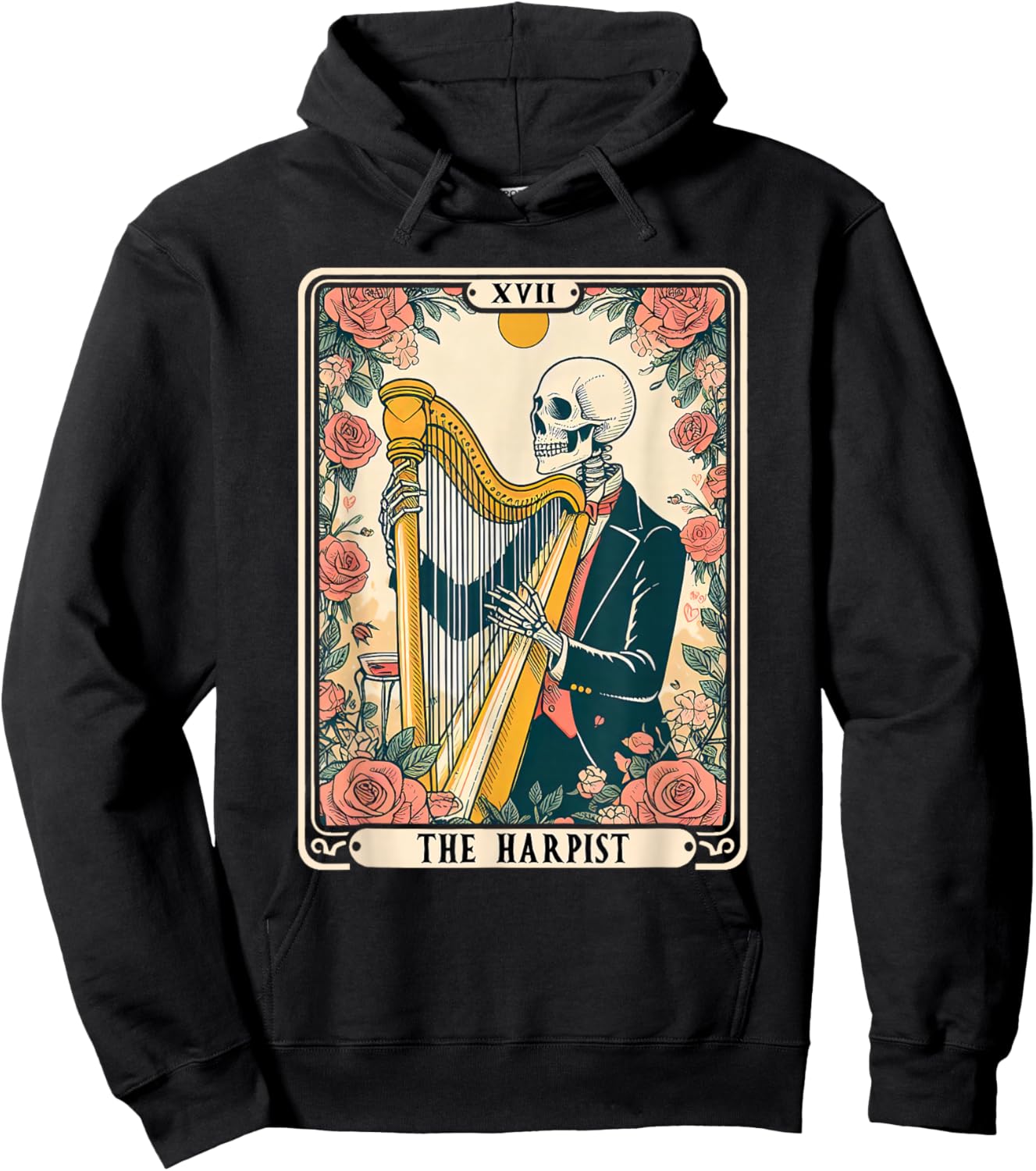 The Harpist Harp Player Tarot Card Skeleton Harp Musician Hoodie - Hoodie | Black