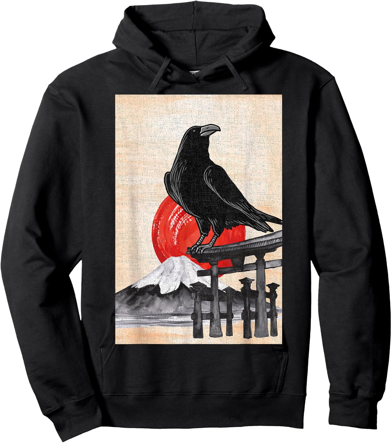 Japanese Style Red Moon Raven Graphic Black Crow Occult Goth Hoodie - Hoodie | Black